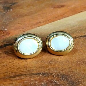 Vintage Oval Shell Stud Earrings, Gold Setting, 1"